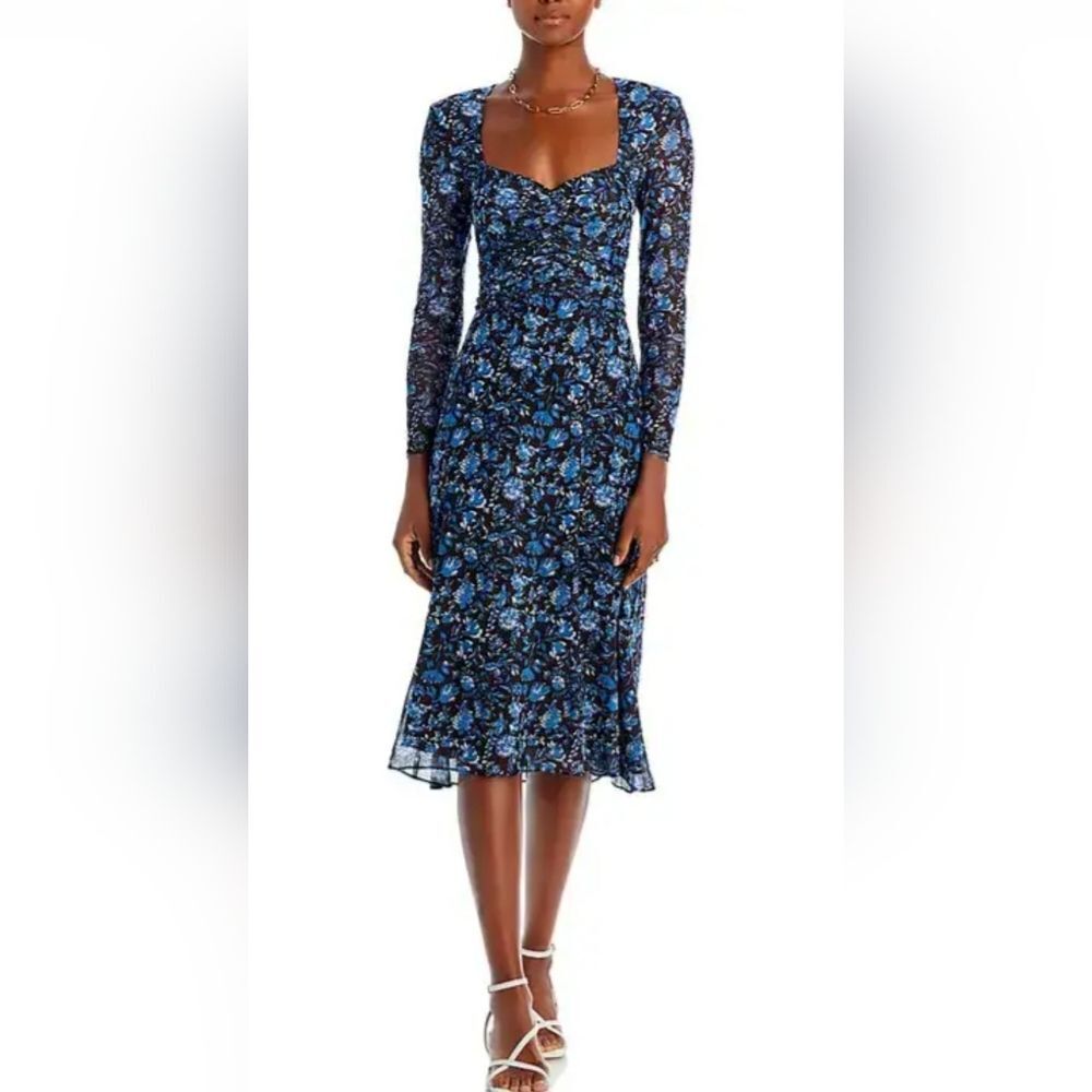 AQUA Ruched Neck Sweetheart Floral Long Sleeve Dress Size S